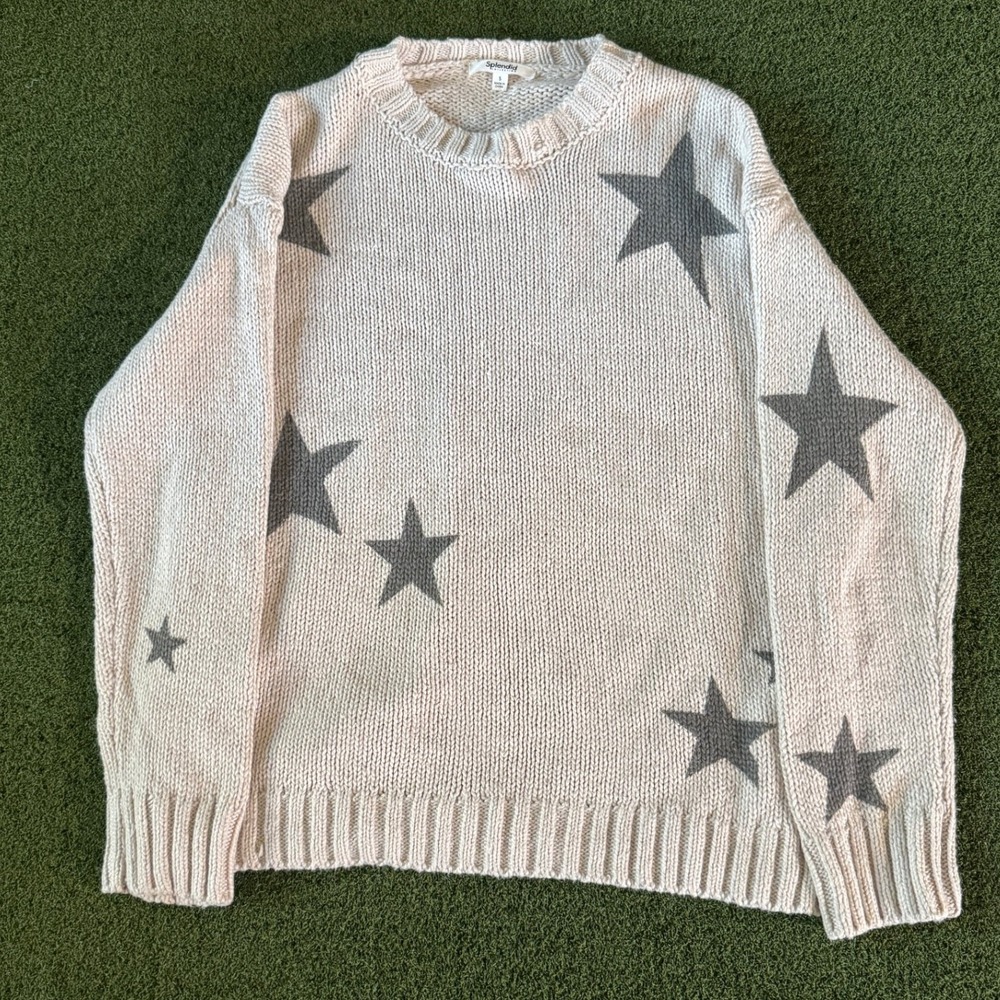 Splendid Star Knit Sweater Womens Small Cream Gray Cotton Chunky Pullover - Picture 3 of 11